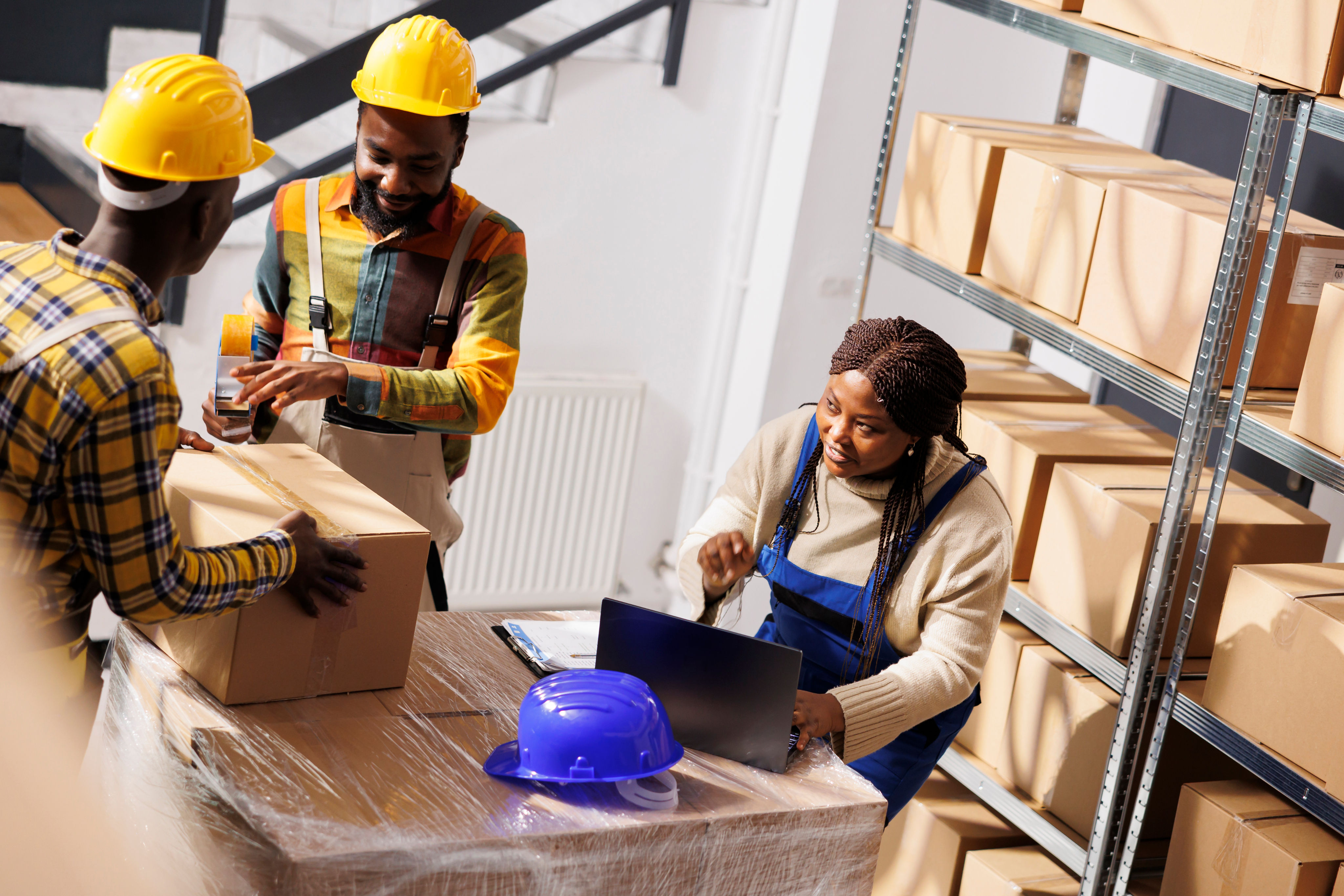 Workers in hard hats reviewing warehouse operations